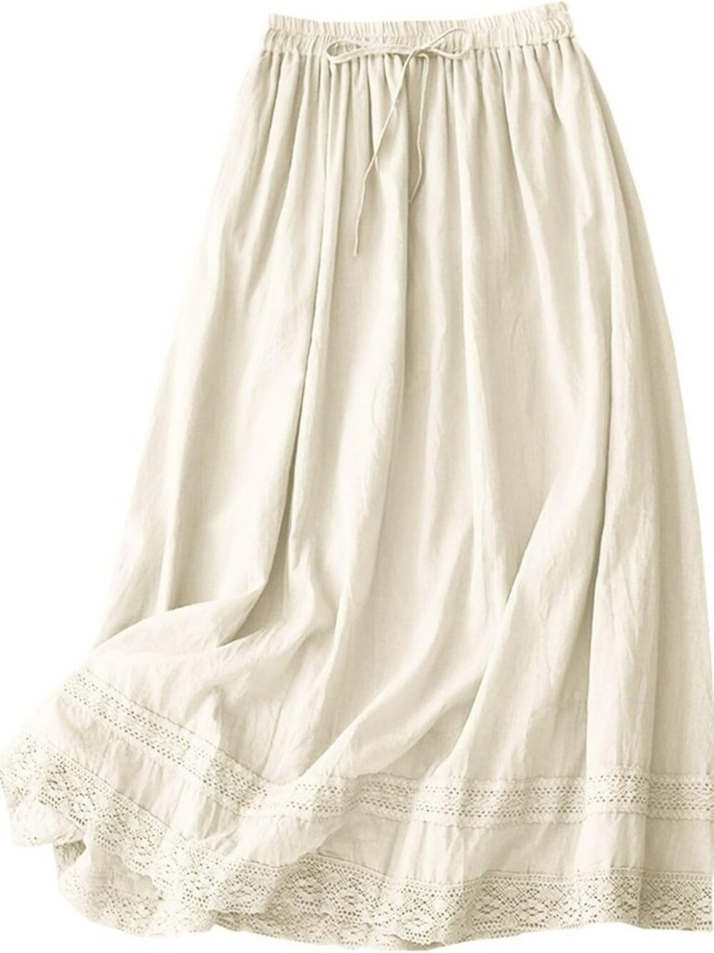 Flowy Boho Midi Skirt with Lace Trim | Women's Cotton Linen Long Skirt